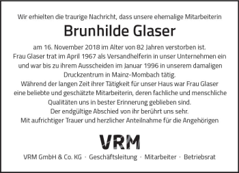 Traueranzeige von Brunhilde Glaser von vrm-trauer