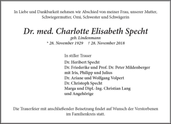 Traueranzeige von Charlotte Elisabeth Specht von vrm-trauer