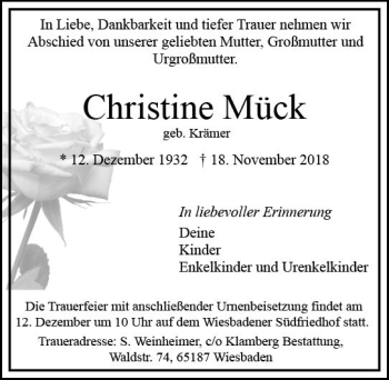 Traueranzeige von Christine Mück von vrm-trauer