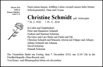 Traueranzeige von Christine Schmidt von  Gießener Anzeiger