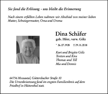 Traueranzeige von Dina Schäfer von vrm-trauer