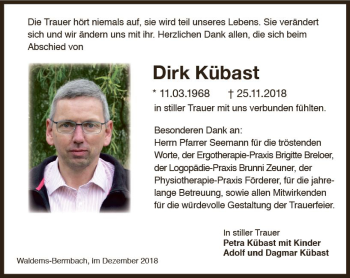 Traueranzeige von Dirk Kübast von vrm-trauer