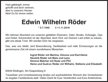 Traueranzeige von Edwin Wilhelm Röder von  Kreisanzeiger Traueranzeige von Edwin Wilhelm Röder von  Kreisanzeiger