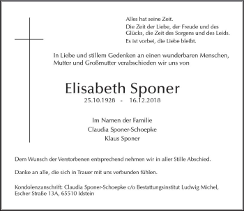 Traueranzeige von Elisabeth Sponer von vrm-trauer