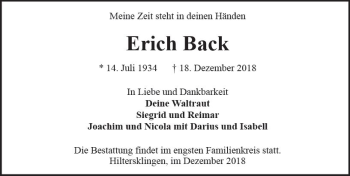Traueranzeige von Erich Back von vrm-trauer