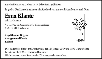 Traueranzeige von Erna Klante von vrm-trauer