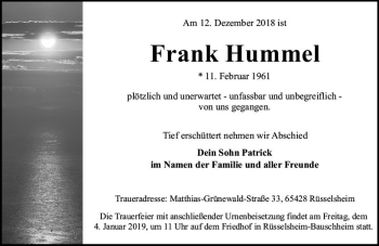 Traueranzeige von Frank Hummel von vrm-trauer