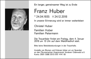 Traueranzeige von Franz Huber von vrm-trauer