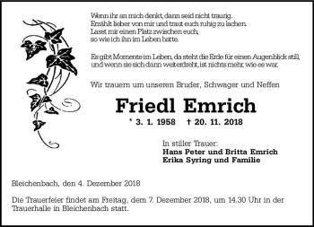 Traueranzeige von Friedl Emrich von  Kreisanzeiger