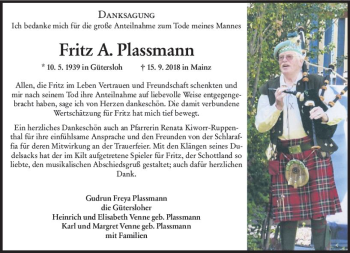 Traueranzeige von Fritz Plassmann von vrm-trauer