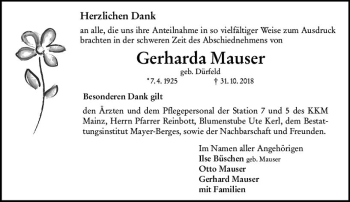 Traueranzeige von Gerharda Mauser von vrm-trauer