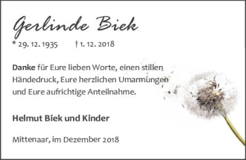 Traueranzeige von Gerlinde Biek von  Dill Block ()