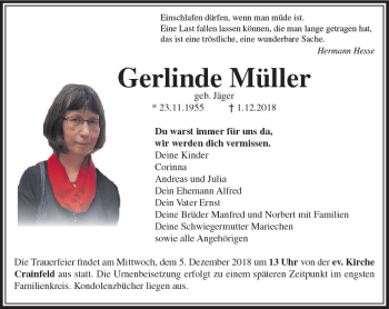 Traueranzeige von Gerlinde Müller von VRM Trauer