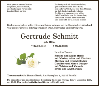 Traueranzeige von Gertrude Schmitt von vrm-trauer