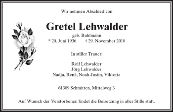 Traueranzeige von Gretel Lehwalder von  Usinger Anzeiger