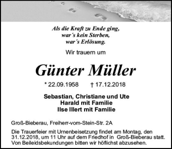Traueranzeige von Günter Müller von vrm-trauer