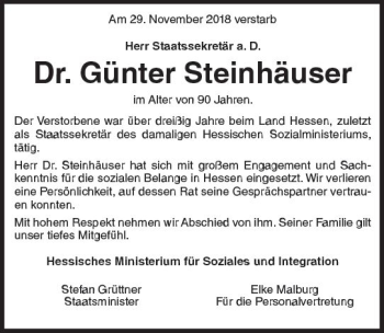 Traueranzeige von Günter Steinhäuser von vrm-trauer