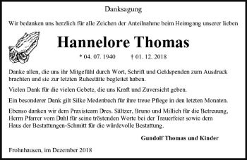 Traueranzeige von Hannelore Thomas von  Dill Block ()