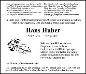 Traueranzeige von Hans Huber von vrm-trauer