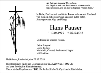 Traueranzeige von Hans Pauser von vrm-trauer