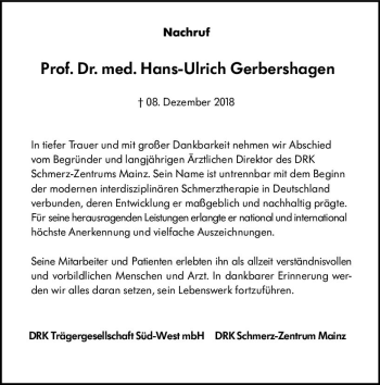 Traueranzeige von Hans-Ulrich Gerbershagen von vrm-trauer