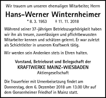 Traueranzeige von Hans-Werner Winternheimer von vrm-trauer