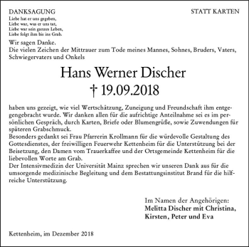 Traueranzeige von Hans Werner Discher von vrm-trauer