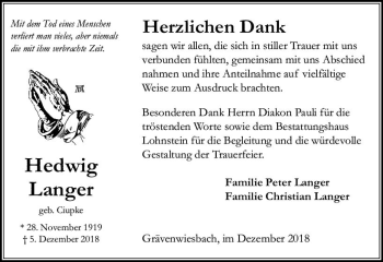 Traueranzeige von Hedwig Langer von  Usinger Anzeiger