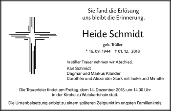Traueranzeige von Heide Schmidt von  Gießener Anzeiger