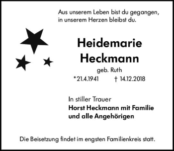 Traueranzeige von Heidemarie Heckmann von vrm-trauer