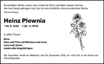 Traueranzeige von Heinz Plewnia von  Kreisanzeiger