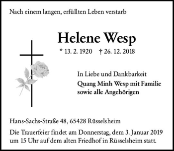 Traueranzeige von Helene Wesp von vrm-trauer