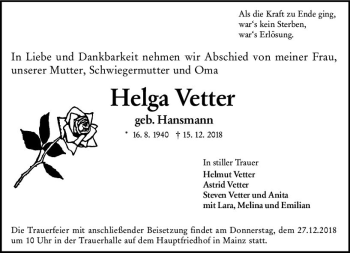 Traueranzeige von Helga Vetter von vrm-trauer