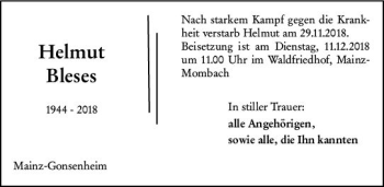 Traueranzeige von Helmut Bleses von vrm-trauer