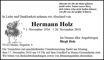 Traueranzeige von Hermann Holz von vrm-trauer