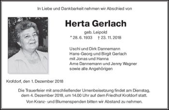 Traueranzeige von Herta Gerlach von  Gießener Anzeiger