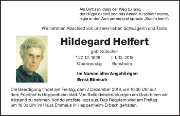 Traueranzeige von Hildegard Helfert von vrm-trauer