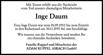 Traueranzeige von Inge Daum von vrm-trauer
