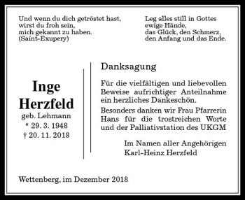 Traueranzeige von Inge Herzfeld von  Gießener Anzeiger