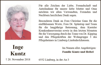 Traueranzeige von Inge Kuntz von vrm-trauer