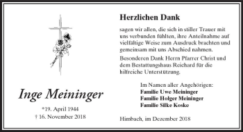 Traueranzeige von Inge Meininger von  Kreisanzeiger