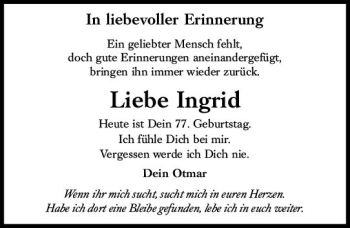 Traueranzeige von Ingrid Maisel von vrm-trauer