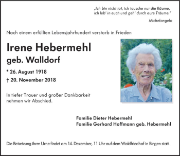 Traueranzeige von Irene Hebermehl von vrm-trauer