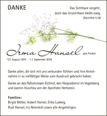 Traueranzeige von Irma Hansel von VRM Trauer