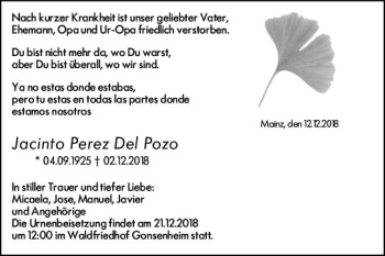 Traueranzeige von Jacinto  Perez Del Pozo von vrm-trauer