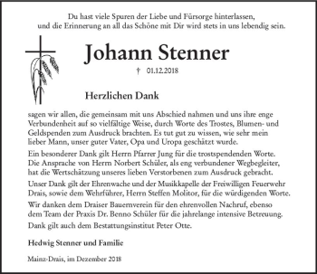 Traueranzeige von Johann Stenner von vrm-trauer