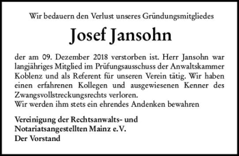 Traueranzeige von Josef Jansohn von vrm-trauer