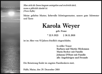 Traueranzeige von Karola Weyer von vrm-trauer