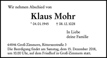 Traueranzeige von Klaus Mohr von vrm-trauer
