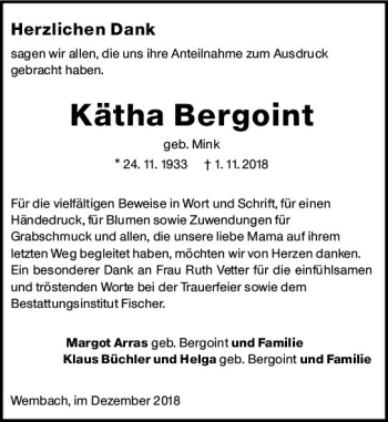 Traueranzeige von Kätha Bergoint von vrm-trauer